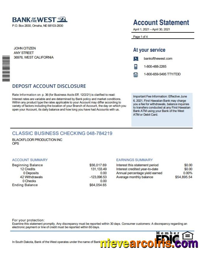 USA Bank of the West bank statement